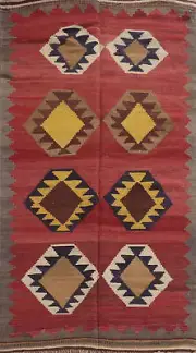 Nomadic Geometric Red Kilim Tribal Flat weave Area Rug Reversible Carpet 4x7