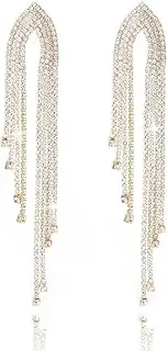 [Generic] Tassel Dangle Drop Earrings Gold Sparkly Rhinestone Earrings Boho Statement Long Chain Crystal Chandelier Earring Wedding Hook Ear Jewelry for Women and Teen Girl