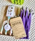 New Spring Summer Gardening Set w/ Hand Rake, Seed Envelopes, Purple Gloves