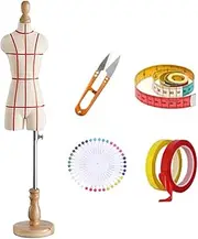 Female Tailors Dummy Dressmakers, Miniature Dress Form Mannequin Torso with Wooden Base, Marking Tape, Scissors, Mini Pinnable Body Clothing Display Model for Seamstress, Design, Doll Dress