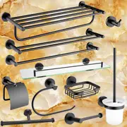 Black Round Bath Towel Rail Rack Glass Shelf Robe Hook Toilet Paper Holder Brush