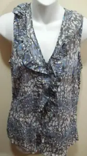 Ann Taylor Blue Gray Multi Print Button Front Cotton Ruffle Blouse Top ~ 4 M3020