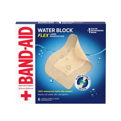 Band-Aid #1 Brand Water Block Flex Waterproof Adhesive Pads, Large, 6 Count