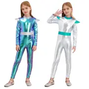 Kids Girls Alien Cosplay Costume Outer Space Cutie Glossy Metallic Jumpsuit Gift