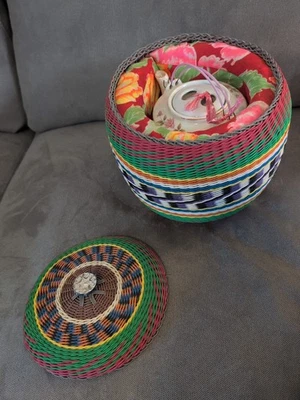 Vintage Insulated Woven Teapot Basket W/ Teapot. Marked!!! Rare