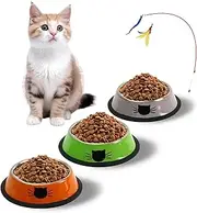 3Pcs Cat Bowls Stainless Steel, Small Pet Bowl, Shallow Wide Flat Cat Food Bowls,Anti Slip Cat Food Bowl Suitable for Indoor Small Cats and Small Dog Animals (Orange Green Gray)