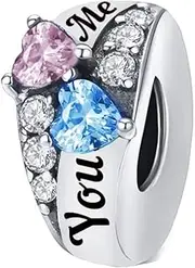 [Mon & Sons] You & Me Pink Blue Love Heart Engagement Wedding Ring Charm Bead Pendant 925 Sterling Silver Dangle Compatible With Pandora Charm Bracelet, Metal