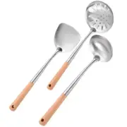 3Pcs Stainless Steel Kitchen Utensil Set Wok Spatula, Soup Ladle, Colander