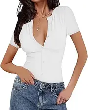 [INFITTY] T Shirts for Women Short Sleeve V Neck Ribbed Knit Button T Shirts Solid Color Summer Tops