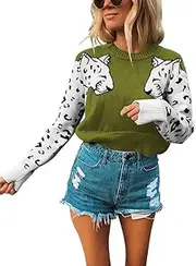 [KOOBETON] Womens Leopard Print Cropped Pullover Sweater Long Sleeve Crewneck Knitted Jumper Army Green XL