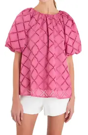 English Factory Embroidered Tie Back Puff Sleeve Top in Berry Pink at Nordstrom, Size X-Small