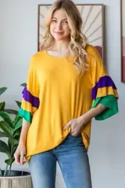 Chic Plus Size Color Block Ruffled Half Sleeve Top with Round Neck