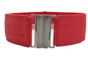 Women Red Elastic Vacation Trip Trevel Fashion Wide Belt Silver Metal Buckle S M
