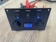 Campervan 12v Control Panel, 3 x Switches, 12v Socket & Voltmeter, 12v USB