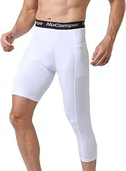 [NuCamper] Men's 3/4 One Leg Compression Tights with Pocket Basketball Single Leg Capri Pants Athletic Base Layer Leggings