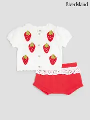 River Island White Girls Baby 100% Cotton Strawberry Bloomer Top And Shorts Set (W47918) | $65