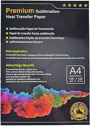100 Sheets A4 Dye Sublimation Paper 105gsm for Ricoh Sawgrass Epson Printer Heat Transfer