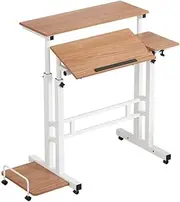 Artiss Laptop Table, Adjustable Stand Desk Desktop Computer Standing Study Desks Bed Side Tables Home Office Travel Studio Furniture, Portable 360° Rotating Lockable Caster Wheels Light Wood