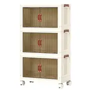 3 Foldable Storage Boxes Stackable Bins Household Plastic Closet Multi-purpose Organizer Doors and Top Lid 2 Way Opening with 360 Degree Rotatable Wheels