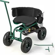 Costway Rolling Garden Cart, Garden Scooter with Seat & Tool Storage, 2 Steering Handles, Garden Scooter with Wheels,Tool Tray.Storage Basket,Cushion Adjustable Height & 360 Degree Swivel Seat