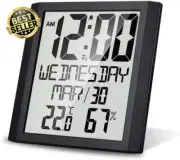 Digital Wall Clock w/ Large Screen Indoor Temperature&Humidity Display Silent Ti