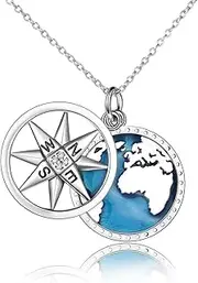 [SILBAZ] Compass Necklace 925 Sterling Silver Compass Jewelry Compass Pendant Graduation Necklace Gifts for Women Girls, Sterling Silver, No Gemstone