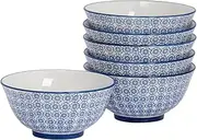 Nicola Spring Patterned Cereal Bowls - Navy - 16cm - Pack of 6 - Hand Printed Japanese Style Porcelain Serving Bowls for Dessert, Pasta, Cereal, Salad, Noodles, Soup