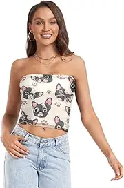 [RPLIFE] Cute Cartoon French Bulldog Beige Tube Top Strapless Crop Top for Women, Mesh Tube Tops, Sexy Tube Tops (S)