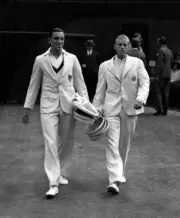 English tennis player Fred Perry opponent Wood walk out onto court- 1930s Photo