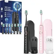 Pack of 2 Electric Toothbrush Sonic Toothbrush for Adults and Children - Electric Toothbrush with 8 Brush Heads and 5 Modes. 90 Days Battery Life, 2 Minutes Smart Timer, Travel Case