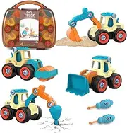 Take Apart Construction Vehicle Toys Set 4 in 1, Excavator+Bulldozer+Road Roller+Broken Drill, Assembly Building Engineering Play Toys with Handcase & Screwdriver for 3-6 Years Old