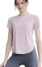 [TianheInnove] Women's Yoga T-Shirt Slim-Fit Quick-Dry Mesh Hem Workout Top,Stretchy Outdoor Running Shirt,S-XL