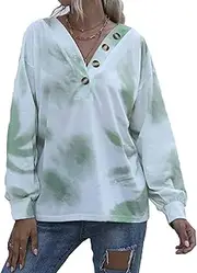 [Generic] Women's 2023 Fall V Neck Button Long Sleeve Plus Size Tie-Dye Workout Sweatshirts Casual Loose Pullover Tunic Tops