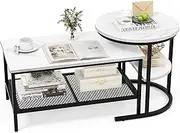 Giantex Nesting Coffee Table Set of 2, Detachable Table Set, Faux Marble Top 2 PCS Coffee Table Set w/Storage Shelf, Small Round End Table & Rectangular Coffee Table Set (Black & White)