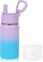 [Volhoply] 14oz Kids Stainless Steel Insulated Leakproof Water Bottle with Straw Lid and Silicone Boot,BPA-Free Easy Use for Boys&Girls,Double Wall Vacuum Bottles(Lavender Blue,1)