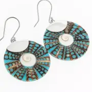 925 Silver Turquoise Blue Shiwa Cone Shell Dangling Sterling Earrings, 1 1/4"