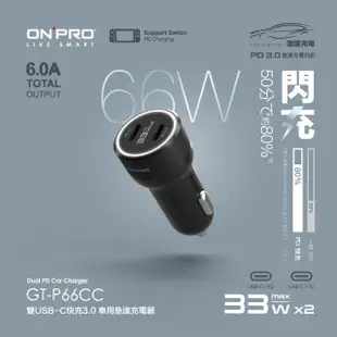 【ONPRO】GT-P66CC 66W 高功率雙Type-C車用PD快充充電器