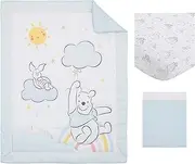 Disney Winnie The Pooh Hello Sunshine Multi-Colored Rainbow, Yellow Sun & Blue Clouds 3Piece Nursery Crib Bedding Set - Comforter, Fitted Crib Sheet & Crib Skirt, Aqua, Yellow, Orange, White