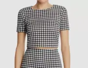 $184 Aqua Womens Black White Check Short-Sleeve Cropped Top Blouse Shirt Size M