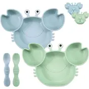 PandaEar 2 Pack Silicone Suction Plate for Baby, Divided Unbreakable Toddler Food Plate with 2 Pack Spoons for Self Feeding, Toddler Utensils Feeding Set Baby Eating Supplies, Crab Shape (Blue&Green)