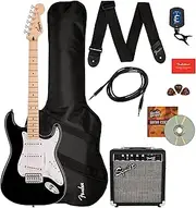 Squier Sonic Strat Pack - Black Bundle with Frontman 10g Amp, Gig Bag, Strap, Cable, Picks, Fender Play, and Austin Bazaar Guitar DVD