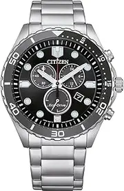 [CITIZEN] Men's Solar Chronograph Watch AT2568-82E, Stainless Steel, Round, Black Dial, 43mm Diameter, 100m Waterproof, Solar Powered, Silver, bracelet