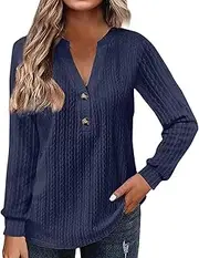 [Valtorixia] Women's Waffle Knit Tunic Tops Loose Long Sleeve Button Up V Neck Henley Shirts Solid Color Button Long Sleeve (Royal Blue,Medium)