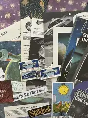 SPACE ASTRONOMY vintage book pages, cut-outs, space postage stamps, junk journal