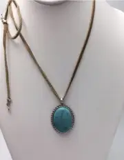 Lucky Brand Silver-Tone Leather Cord Large Blue Stone Pendant Necklace L24