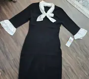 NINA LEONARD Black Sweater Dress w/ White Tie & Ruffled Sleeves NWT/SIZE S