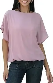 [MGizo DtiSpectrum] Chiffon Blouse for Women - Elegant Tunic Made of Two-Layer Gauze Fabric with Short Batwing Sleeves and Stretchy Lining, Transparent Tulle Shirt with Crew Neck, Pink, L