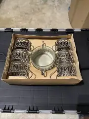 Polish Set 6 Vintage Glass/tea Cup Holders Ornate Silver Komplet Do Herbaty