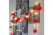 1 Set of Red and White 5cm Rattan Cane 50 Ball Battery Powered LONG 5m String Lights Christmas Gift Home Wedding Party Bedroom Decoration Table Centrepiece