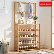 5 Tiers Bamboo Shoe Rack Shoes Cabinet Wooden Hat Coat Stand Hanger Hooks Shelf